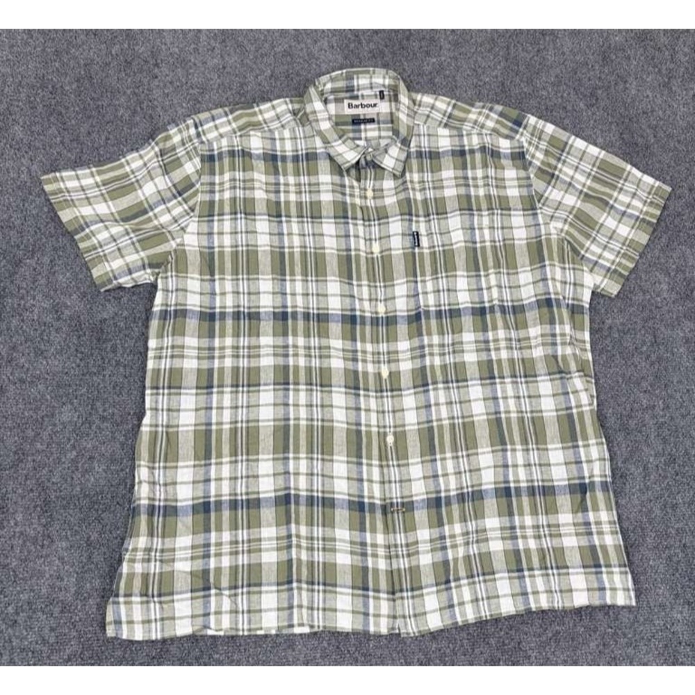 Barbour Shirt Mens XL Linen Cotton Blend Short Sleeve Button Up Green Casual